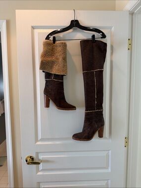 Brown Suede Shearling Knee-High Boots - Brand Unspecified from Neiman Marcus